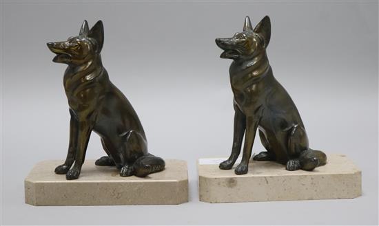 A pair of Art Deco bronze and marble Alsatian bookends